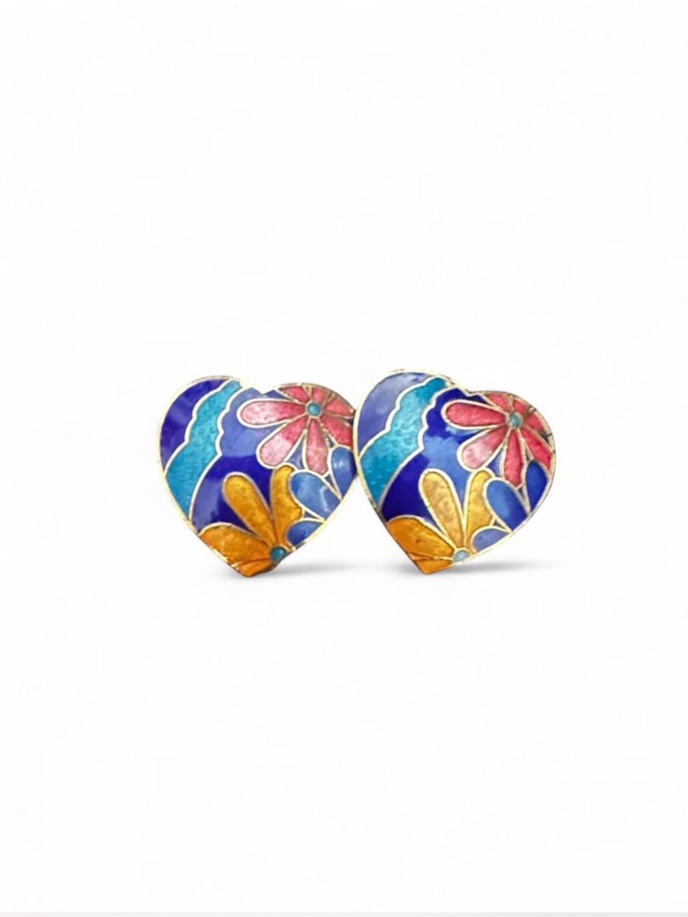 Vintage Gold Tone Heart-shaped Blue Cloisonné Clip-on Earrings